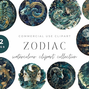 Coleção de Cliparts de Aquarela do Zodíaco | 12 Signos Astrológicos PNG de Alta Resolução - Arte Celestial, Horóscopo, Scrapbooking, Colagem Digital