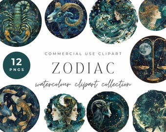 May include: A set of 12 watercolor illustrations of the zodiac signs. Each sign is depicted in a circular frame with a dark blue background and gold accents. The signs are: Aries, Taurus, Gemini, Cancer, Leo, Virgo, Libra, Scorpio, Sagittarius, Capricorn, Aquarius, and Pisces.