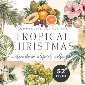 Tropische kerst clipartcollectie - aquarel strandvakantie, palmbomen, tropisch fruit, feestelijke decoraties, kustvakantie