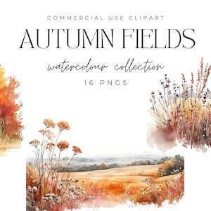 Könnte beinhalten: Ein digitaler Download von 16 Aquarell-Illustrationen von Herbstfeldern, darunter ein Feld mit hohem Gras, ein Feld mit einem fernen Wald und ein Feld mit einem einzelnen Baum. Die Illustrationen sind perfekt, um Ihren Designs einen Hauch von Herbst zu verleihen.