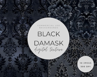 Black Damask Backgrounds | High-Res Digital Papers - Elegant Patterns, Scrapbooking, Invitations, Journals, Digital Collage