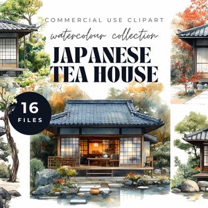 Clipartset Japans theehuis, aquarel Japanse architectuur, zentuinillustraties, traditionele Japanse elementen, commercieel gebruik