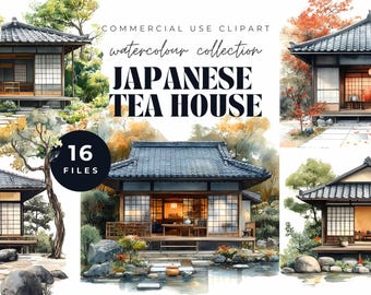 Watercolor Japanese Tea House Clipart, Zen Garden Illustrations (PNG, 300 DPI)