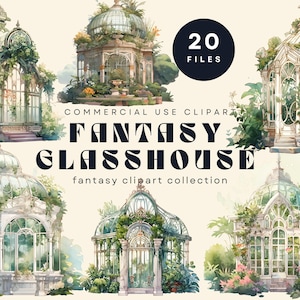 Coleção de clipart de estufa de fantasia | Estufa encantada, jardins botânicos, cúpulas de vidro | Clipart de jardim mágico para uso comercial
