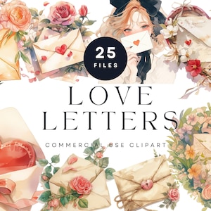 Imágenes prediseñadas de cartas de amor, sobres florales románticos y papelería vintage, arte digital en acuarela, gráficos para bodas y San Valentín.
