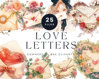Watercolor Love Letters Clipart, Vintage Floral Envelopes (Digital Download)