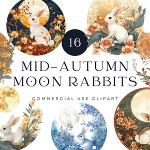 Mitt Herbst-Kaninchen Clipart | Mondfest | Chinesische Hasen-Illustration, Mond-Blumenmotive zum Basteln, Scrapbooking und für den Druck