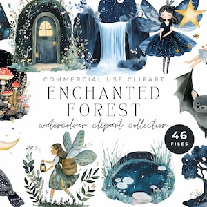 Enchanted forest aquarel clipart, sprookje nacht bos, fantasie, commercieel gebruik PNG uitnodigingen voor kinderfeestje, kinderkamer kunst