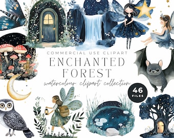 Enchanted Forest Watercolor Clipart, Fantasy Nursery Art (Digital Download)