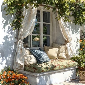 May include: Watercolor illustration of a window seat with cream curtains, pillows, and a floral cushion. Green vines and orange flowers frame the window, creating a cozy outdoor space.