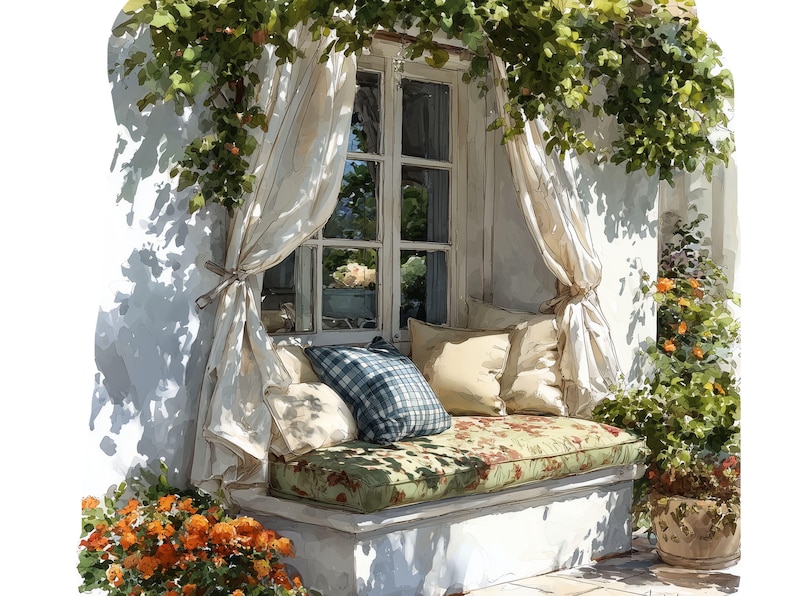 May include: Watercolor illustration of a window seat with cream curtains, pillows, and a floral cushion. Green vines and orange flowers frame the window, creating a cozy outdoor space.