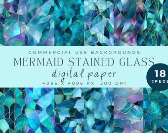 Mermaid Stained Glass Digital Paper, Iridescent Ocean Backgrounds (Digital Download)