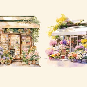 Pu&ograve; includere: Due acquerelli di negozi di fiori. Il primo negozio ha un'insegna verde ed &egrave; pieno di fiori colorati. Il secondo negozio ha un'insegna bianca ed &egrave; anche pieno di fiori colorati.