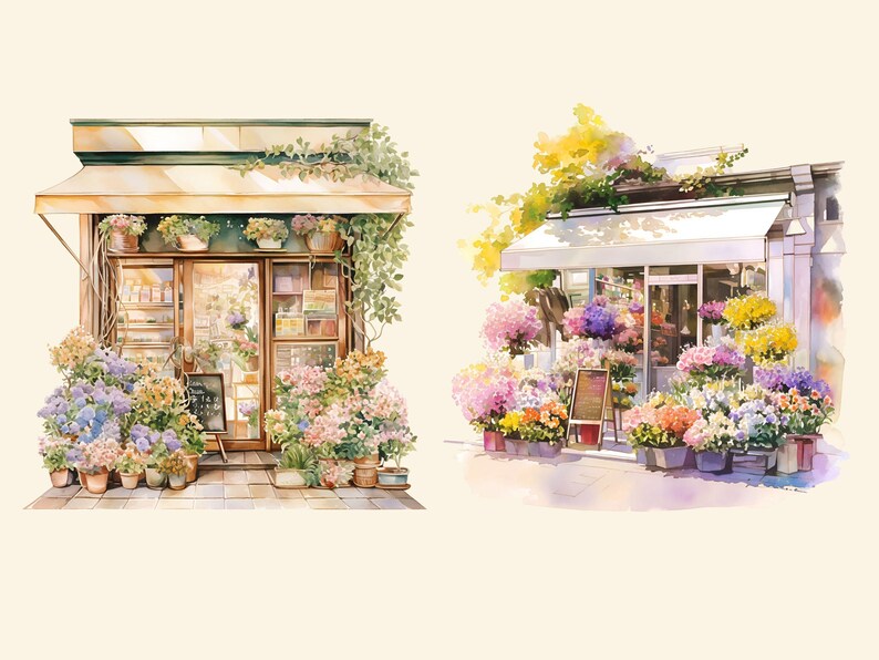 Pu&ograve; includere: Due acquerelli di negozi di fiori. Il primo negozio ha un'insegna verde ed &egrave; pieno di fiori colorati. Il secondo negozio ha un'insegna bianca ed &egrave; anche pieno di fiori colorati.