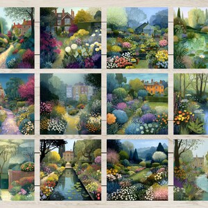 May include: A collection of twelve square art prints featuring colorful garden scenes. Each print depicts a different garden with flowers, trees, pathways, and buildings. The artwork uses a soft, painterly style with a variety of colors.