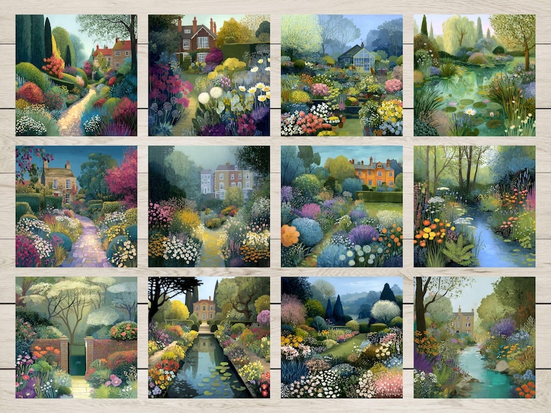 May include: A collection of twelve square art prints featuring colorful garden scenes. Each print depicts a different garden with flowers, trees, pathways, and buildings. The artwork uses a soft, painterly style with a variety of colors.