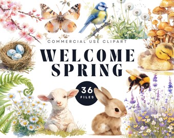 Collection de cliparts printemps, illustrations florales et animalières, abeilles, papillons, lapins, oiseaux, usage commercial, printemps, Pâques