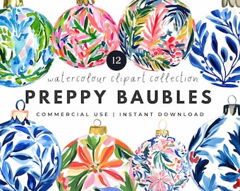 Preppy Baubles Clipart - Watercolor Christmas Ornaments, Festive Holiday Invitations and Cards, Digital Download, Commercial Use