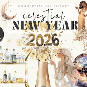 Clipart de Año Nuevo Celestial, Ilustraciones Elegantes de Nochevieja 2026, Bola de Discoteca, Champán, Gráficos de Fiesta Glam Dorados, Uso Comercial