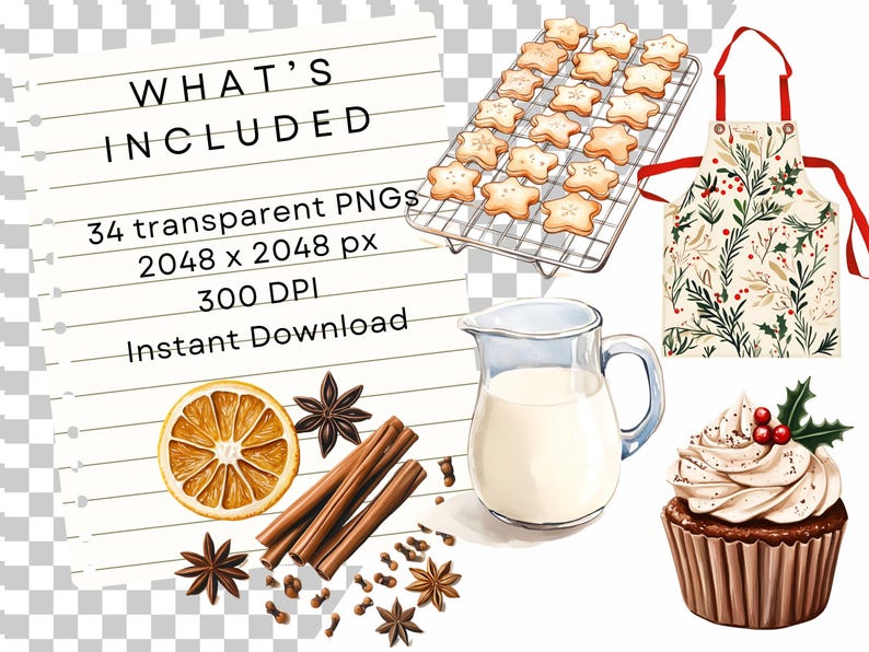 May include: A digital illustration set of Christmas baking elements. The set includes a tray of star-shaped cookies, a pitcher of milk, a cupcake with frosting and holly, cinnamon sticks, star anise, cloves, and a dried orange slice. The set also includes a Christmas-themed apron with a red ribbon.