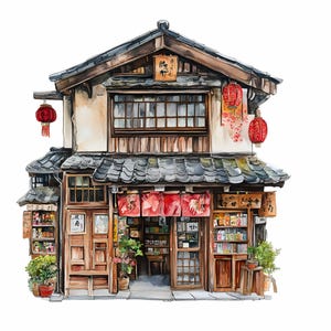 Puede incluir: Una pintura de acuarela de una tienda tradicional japonesa con una fachada de madera, un techo de tejas y linternas rojas colgando de los aleros. La tienda tiene una variedad de art&iacute;culos expuestos en las ventanas, incluyendo estantes de mercanc&iacute;as y una cortina roja y blanca.