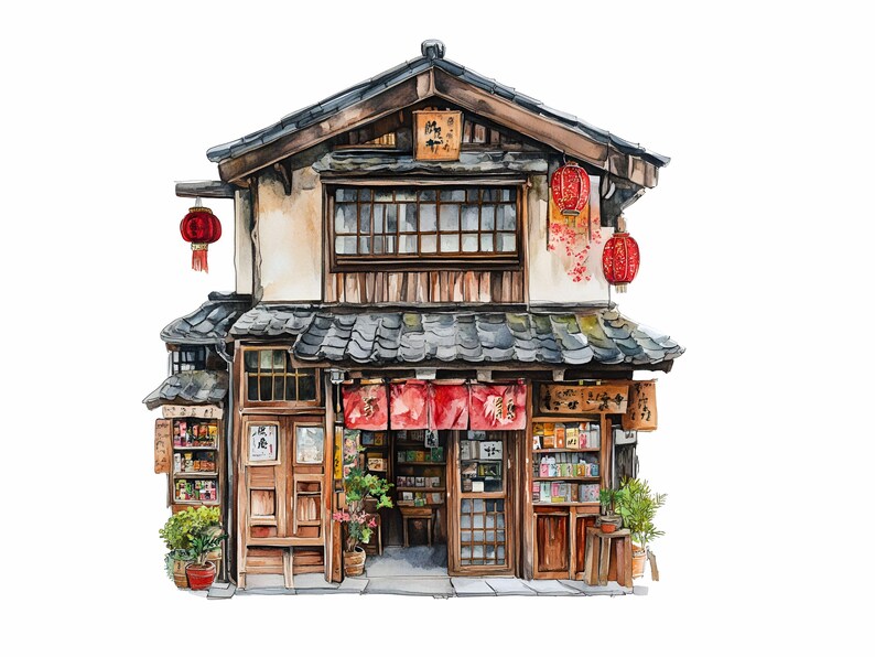 Puede incluir: Una pintura de acuarela de una tienda tradicional japonesa con una fachada de madera, un techo de tejas y linternas rojas colgando de los aleros. La tienda tiene una variedad de art&iacute;culos expuestos en las ventanas, incluyendo estantes de mercanc&iacute;as y una cortina roja y blanca.