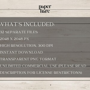 May include: A digital product advertisement with the text "WHAT'S INCLUDED: 32 SEPARATE FILES, 2048 X 2048 PX, HIGH RESOLUTION, 300 DPI, INSTANT DOWNLOAD, TRANSPARENT PNG FORMAT, UNLIMITED COMMERCIAL USE". The background is a light wood texture.