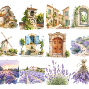 May include: A collection of watercolor illustrations featuring charming European-style buildings, lavender fields, and a windmill. The illustrations are perfect for adding a touch of rustic charm to any project.