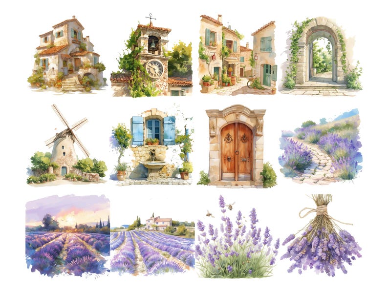 May include: A collection of watercolor illustrations featuring charming European-style buildings, lavender fields, and a windmill. The illustrations are perfect for adding a touch of rustic charm to any project.