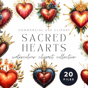 Clipart de corazones sagrados: símbolos religiosos de acuarela, diseños vintage de corazones sagrados, invitaciones, álbumes de recortes, uso comercial