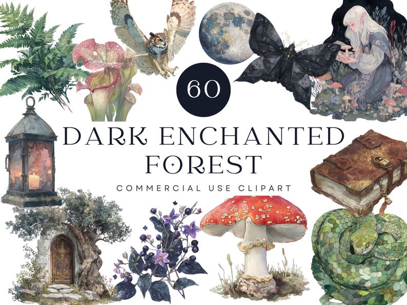 Dark Enchanted Forest Clipart, Gothic Woodland Art, Witchy PNG (digital ...