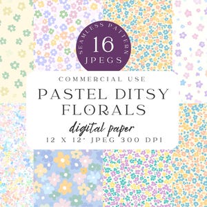 Papel digital floral pastel con ditsy, estampados florales sin costuras, fondos primaverales, decoración infantil, JPEG de 30 x 30 cm, patrones sin costuras