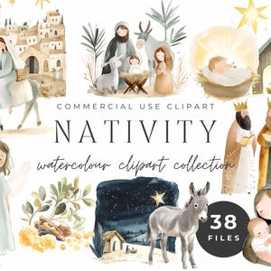 Colección de imágenes prediseñadas de la Natividad en acuarela / Sagrada Familia, Reyes Magos, Pastores, Ángeles y el Niño Jesús / Manualidades y decoraciones navideñas