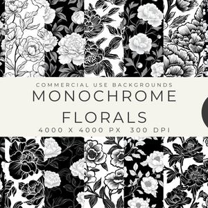Puede incluir: Un conjunto de 14 patrones de papel digital floral en blanco y negro. Los patrones presentan una variedad de diseños florales, incluyendo peonías, rosas y hojas. Los patrones son perfectos para crear invitaciones, tarjetas, páginas de álbum de recortes y otros proyectos de manualidades.  COMMERCIAL USE BACKGROUNDS MONOCHROME FLORALS 4000 X 4000 PX 300 DPI 14 JPEGS