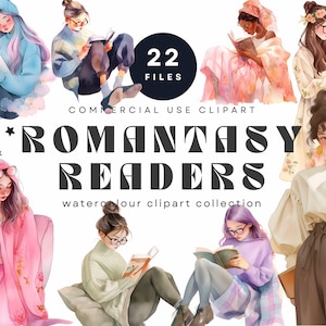 Romantasy Leser Aquarell Clipart, gemütliche Buchliebhaber, Fantasy Lesung, Bücherwurm Ästhetik, Cottagecore kommerzielle Clip Art
