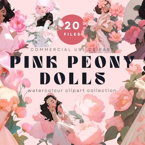 Pink Peony Puppen Clipart Sammlung | Aquarell Mode Clipart | Blumen Frau Illustrationen | Feminine Pfingstrose Grafiken für den kommerziellen Gebrauch