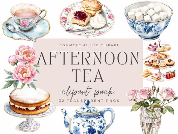 Watercolor Afternoon Tea Clipart – Cottagecore PNG Graphics (Commercial Use)