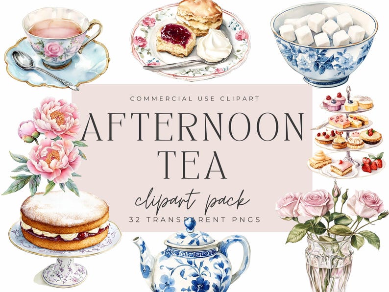 watercolour illustration of afternoon tea images including a cup of tea in a pretty china teacup, cakes, peonies, roses, teapot, chinoiserie style