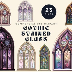 Gothic Stained Glass Clipart Bundle – Vintage Windows, Church and Castle Windows, Fantasy Clip Art, Medieval Castlecore