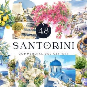 Clipart île grecque de Santorin, art du citron méditerranéen, illustrations aquarelles côtières, esthétique méditerranéenne, été européen