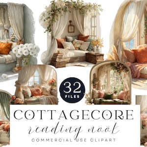 A set of 32 digital illustrations showcasing romantic cottagecore-style reading nooks with vintage windows, floral cushions, draped curtains, fresh flowers, and cozy seating. Each nook captures soft light, pastel tones, and rustic charm. Ideal for digital designs, branding, journals, and creative commercial use. All files are high resolution (2048x2048px, 300 DPI) with transparent backgrounds, offering a delicate blend of femininity, warmth, and cottage-inspired detail.