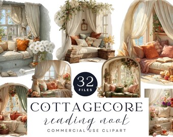 Cottagecore Reading Nook Clipart | Floral Window Seat, Vintage Interior (Digital Download)