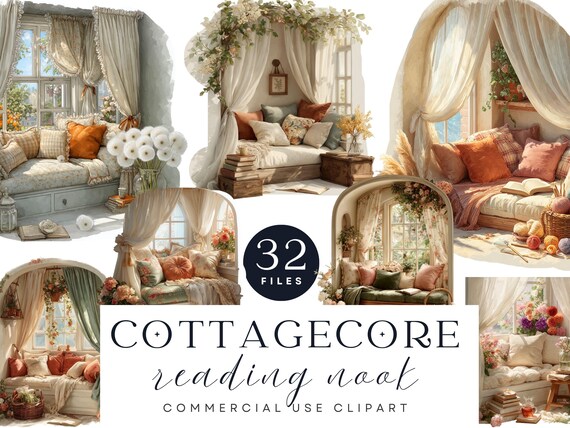 Cottagecore Reading Nook Clipart | Floral Window Seat, Vintage Interior (Digital Download)