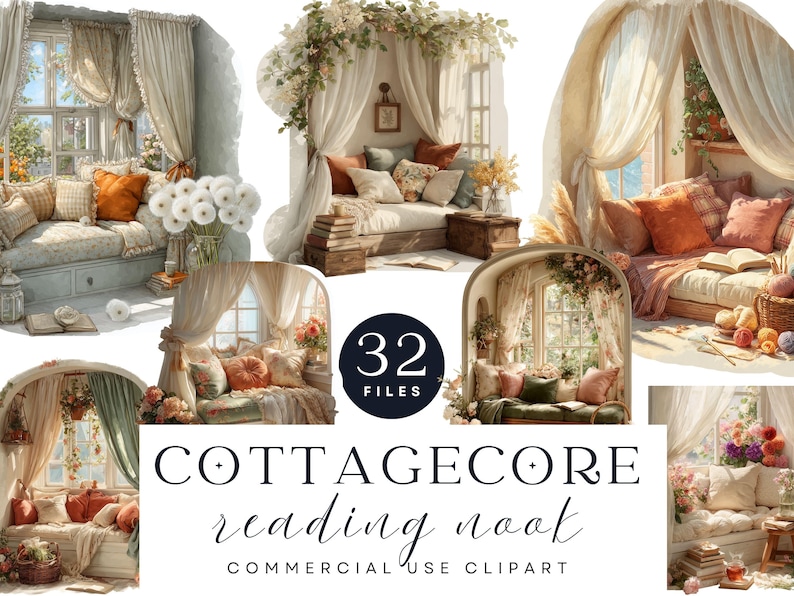 A set of 32 digital illustrations showcasing romantic cottagecore-style reading nooks with vintage windows, floral cushions, draped curtains, fresh flowers, and cozy seating. Each nook captures soft light, pastel tones, and rustic charm. Ideal for digital designs, branding, journals, and creative commercial use. All files are high resolution (2048x2048px, 300 DPI) with transparent backgrounds, offering a delicate blend of femininity, warmth, and cottage-inspired detail.
