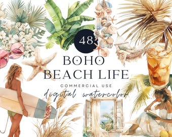 Boho Beach Clipart, Tropical Watercolor Coastal PNG (Digital Download)