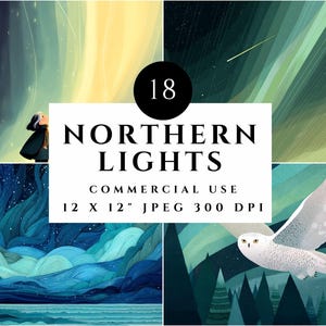 Art des aurores boréales, paysage fantaisiste, papier numérique hiver arctique, illustrations colorées pour la fabrication de cartes, scrapbooking, sublimation
