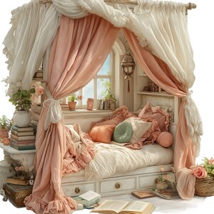 May include: A cozy, miniature bedroom scene with a white bed, adorned with peach and cream-colored pillows and bedding. Peach-colored curtains drape around the bed, and a window with a view is visible. A small bookshelf and decorative items complete the scene.