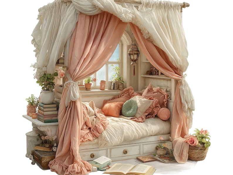 May include: A cozy, miniature bedroom scene with a white bed, adorned with peach and cream-colored pillows and bedding. Peach-colored curtains drape around the bed, and a window with a view is visible. A small bookshelf and decorative items complete the scene.