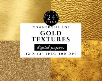 May include: A digital paper set featuring four gold textures. The image includes a variety of gold patterns, including glitter, hammered metal, and brushed metal. The text reads "GOLD TEXTURES digital papers 12 x 12" JPEG 300 DPI".