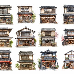 Puede incluir: Ilustraci&oacute;n de acuarela de doce fachadas de tiendas japonesas tradicionales con diversas se&ntilde;ales y detalles. Cada fachada presenta un estilo arquitect&oacute;nico &uacute;nico y est&aacute; adornada con linternas colgantes, plantas y otros elementos decorativos.